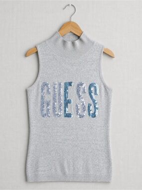 GUESS Light Gray Sleeveless Sequin Logo Mock Neck Tank